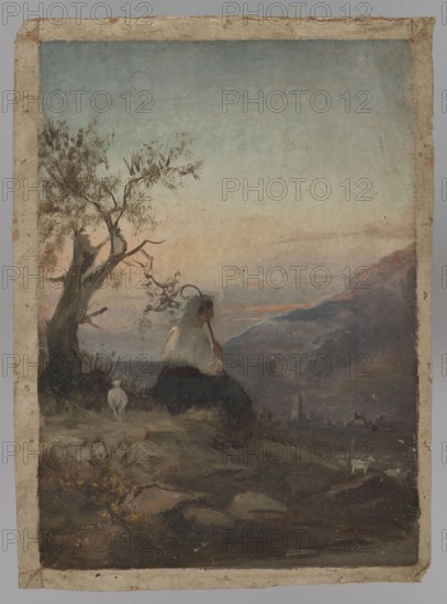 Pasterka, Welonski, Pius 1849-1931 painter, 2nd half of the 19th century, painting, height 40 cm, width 28 cm, A painted scene shows a person sitting on a grassy, rocky hillside near a twisted, leafed tree, facing a distant valley and mountains. The figure wears clothing with light and dark areas and holds a curved staff, and a small white animal stands nearby while another small light-colored animal grazes farther down the slope. The sky transitions from pale blue at the top to warm peach and pink tones near the horizon. The landscape includes muted greens, browns, and grays in the foreground rocks and vegetation, with bluish and purplish-gray tones in the distant hills and valley. The painting surface is bordered by an unfinished canvas edge in beige.