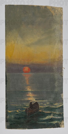 Boat at Sea, Welonski, Pius 1849-1931 painter, 4th quarter of the 19th century, painting, height 22 cm, width 10.3 cm, A vertical painting showing a seascape at sunset with a warm yellow and orange sky fading into muted greenish-gray tones, a red-orange sun low on the horizon reflecting a vertical streak of warm light onto the water, a dark boat in the foreground floating on choppy green and teal waves with pale yellow highlights on the wave crests, and the canvas edges showing worn and rough beige and gray areas.