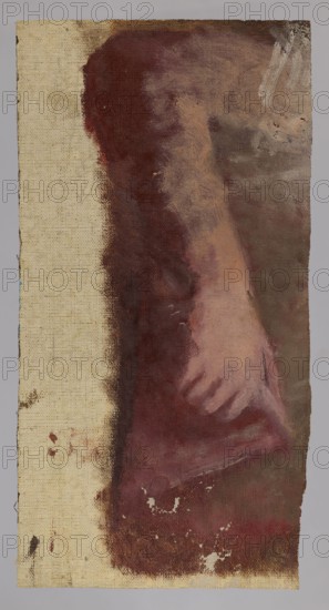 Sketch of a hand, Pius Welonski 1849–1931, painting, 20th century, 17 × 28.8 cm, A painted canvas fragment showing a close-up of a hand and forearm against a roughly textured background; the visible area includes an arm rendered in flesh tones and pinkish hues with soft brushwork, resting near a darker cloth or shadowed area painted in deep burgundy and brown. The left edge of the canvas is unpainted, revealing a natural beige canvas with visible weave texture and some small paint smudges. Surrounding the arm are muted grayish-brown and olive tones, with a few lighter beige and off-white highlights, and scattered small areas where paint has flaked, showing beige underneath. The overall palette includes beige, flesh tones, pink, burgundy, brown, gray, olive, and off-white.