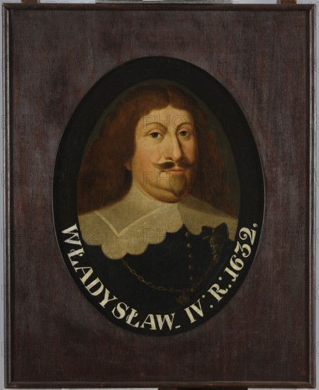 Portrait of Wladyslaw IV, unknown Polish painter. Oval portrait, early 19th century, Poland. Oil painting, 62 × 49 cm. Depicts Wladyslaw IV Vasa 1595–1648 shown half-length in an oval, torso and face turned three-quarters to the right, gaze directed at the viewer. A man of about 50 with brown shoulder-length hair parted in the middle, curled mustache and small pointy beard, sagging cheeks and chin, long nose, brown eyes. He wears a dark blue caftan fastened with six small gold buttons and a wide lace-trimmed white collar; a decorative elongated gold pendant set with small black stones is attached to the left collar flap. The Order of the Golden Fleece hangs on a gold chain. Brown background., An oval portrait of a man with long brown hair and a styled mustache and goatee set against a dark background, framed by a dark oval border and mounted on a dark brown wooden panel; the man wears a light-colored, scalloped collar over a dark garment with a decorative chain and small buttons, and t...