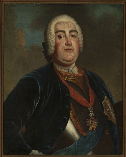 Portrait of Augustus III, by Louis de Silvestre 1675–1760, as a young artist — copy after the artist; Augustus III Sas King of Poland; Elector of Saxony; 1696–1763. Depicted with insignia of the Order of the Golden Fleece and the Order of the White Eagle, wearing a wig en catogan. French painting, after 1753. Oil painting, 78 cm × 62 cm., A painted portrait of a man shown from the chest upward wearing a white powdered wig and a dark blue velvet coat over layered garments including a dark red sash and a metallic breastplate; his face is pale with rosy cheeks and neutral expression, and he has arched eyebrows and light-colored eyes; a decorative medal with jeweled elements and a ribbon hangs at his chest and a star-shaped insignia appears on his coat; the background is a cloudy mix of muted green, brown, and blue tones and the image is enclosed in a narrow wooden frame with brown and gold hues.