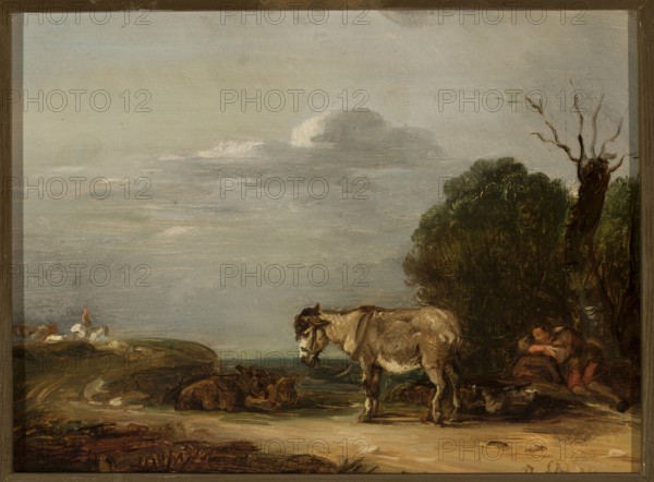 Landscape with a Donkey, Monogramist AD artist unknown, Rural Landscape. In the foreground, a road winds inward to the left, where a sketchy silhouette of a rider and buildings, are painted on the horizon. In the center, beyond the road, two cows lie in the shade and a donkey stands on the right. Under bushes and a leafless tree, a shepherd slumbers, leaning on a stone. High sky with clouds. 1798, painting; height 21.5 cm, width 29 cm., A muted landscape painting dominated by a pale gray-blue sky with soft cloud forms, a group of dense green trees on the right, and a bare, twisted brown tree trunk rising beside them; in the foreground a light brown and white donkey stands facing left near a few darker brown animals lying on the ground, and a person with brownish clothing reclines or sits partially obscured among the trees; the ground shows earthy tones of brown and ochre with some green patches, and a small distant cluster of pale shapes appears on the left horizon.