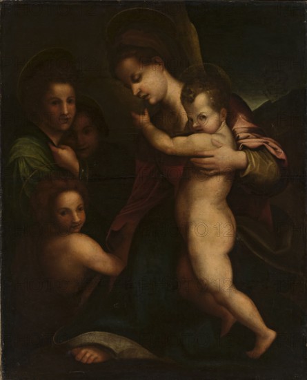 Madonna with Child and St. John; Andrea del Sarto 1486–1531, painter; Madonna with Child iconography; John the Baptist St.; ca. 6 BC–ca. 32; Florentine painting, Italian painting; 16th century; painting; height 105 cm, width 85 cm., A dimly lit painting showing a group of people closely gathered, dominated by a central seated woman holding a naked child who reaches outward, with the woman's head inclined toward the child; nearby are a few other figures partially in shadow, including a young person looking toward the viewer and another face turned slightly away; garments and drapery in the scene include dark tones with visible green, red, pink, blue, and brown, and the skin tones range from pale to warm beige; the background is dark and muted, creating strong contrasts of light and shadow across the figures.