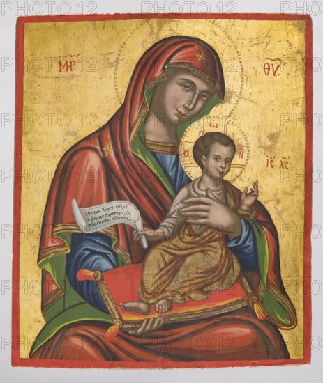 Icon: Virgin Mary with the Youthful Christ. The icon depicts the Virgin Mary in a frontal view, knee-deep, holding the youthful Christ seated on a decorative cushion. He holds an unrolled scroll in his left hand and blesses with his right hand. The icon is linear with highly contrasting colors. Probably created in a Greek provincial workshop, perhaps from a monastic center in northern Greece. 17th–18th century, Greece. Icon; height 42.0 cm, width 35.0 cm., A painted icon showing a seated woman holding a child on her lap against a gold background; the woman wears a red head covering with green inner lining and a red outer robe with darker red folds and gold trim, and a green garment is visible beneath; the child is dressed in brownish-gold drapery and sits on a red cushion with gold and green edging and tassels; both figures have halos outlined with dotted patterns; the woman's face is pale with dark eyes and a solemn expression, and the child's face is similarly pale with short brown h...