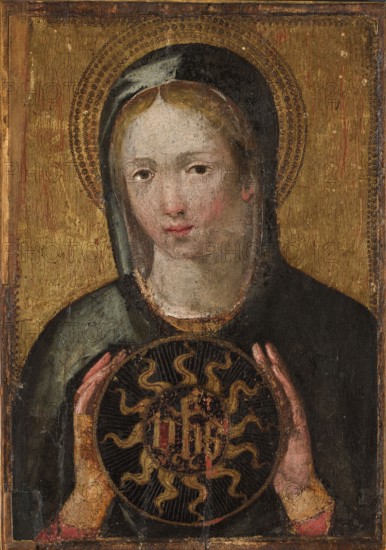 Saint Domitilla, unknown Italian painter, devotional depiction of Saint Domitilla, Italian painting, 2nd half of the 15th century, Umbria, painting, height 29 cm, width 20 cm, A painted figure with a pale face and light brown hair framed by a dark hood stands against a gold background with decorative circular patterns; the figure's expression is neutral and the cheeks show subtle pink tones, while the hands, also pale with pinkish fingertips, hold a dark circular object decorated with radiating gold shapes and intricate detailing; visible colors include gold, black, dark green, pale flesh tones, pink, and hints of red.