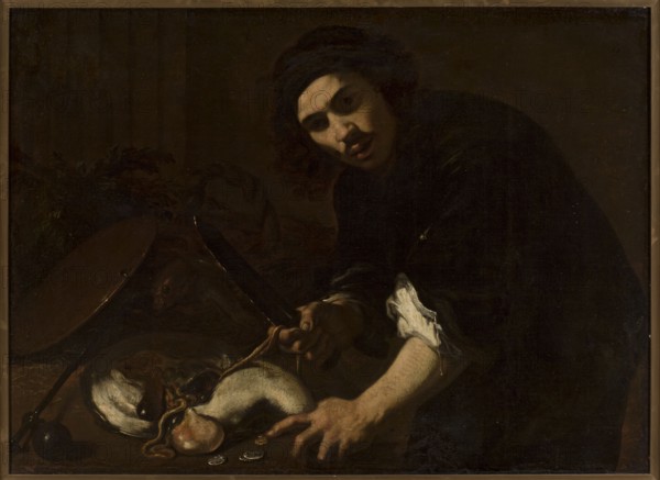 Man Dressing a Fish, Fidani, Orazio 1610–1656, painter; genre scene depicting a man dressing a fish; chiaroscuro modeling; knives; Italian painting, 17th century; painting. Dimensions: height 100.5 cm, width 136 cm; with frame: height 127.5 cm, width 162.5 cm, thickness 9 cm., A dimly lit scene shows a person with dark hair and a mustache wearing a dark garment and a dark head covering, leaning forward with a focused expression; their exposed forearm has a rolled white sleeve. The person holds a long dark object and reaches toward a table surface where a large pale, irregularly shaped object with fleshy tones rests alongside a few rounded items and a couple of small shiny discs. A curved dark implement and a round dark weight sit nearby, and a round shallow dish with a dark rim leans against a shadowed background. The overall palette is dominated by deep browns, blacks, dark greens, muted flesh tones, off-white, and small highlights of metallic shine.