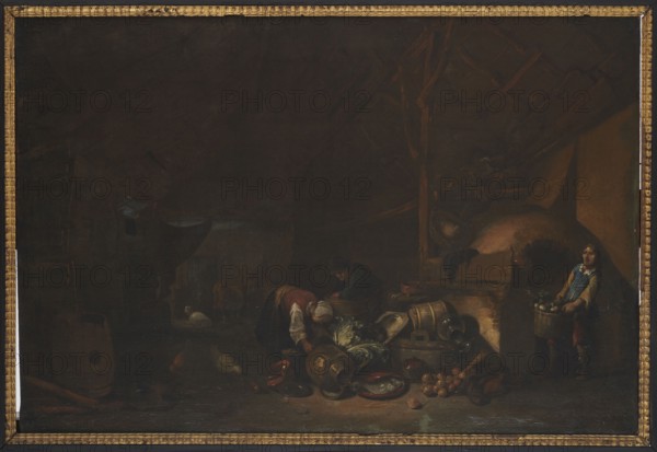 Interior of a shed, Poel, Egbert van der 1621-1664 painter, genre scene in the interior, Dutch painting, rural scene with cattle, 17th century, painting, height 57 cm, width 84 cm, The image shows a dimly lit interior scene with a dark brown and black background and a few illuminated foreground elements in muted tones of brown, ochre, green, blue, red, and white. Near the center foreground there is a group of objects including several earthenware vessels, metal pots, plates, and leafy vegetables arranged on the floor, with some round fruit nearby. Two figures are bent over the objects, one wearing darker clothing and another wearing a white head covering and reddish-brown garment. To the right a standing figure in blue and yellow clothing holds a basket of produce. Wooden beams and a large rounded structure are visible in the right background, and a few scattered items and containers occupy the left and lower foreground. The whole scene is framed by a decorative gold frame.