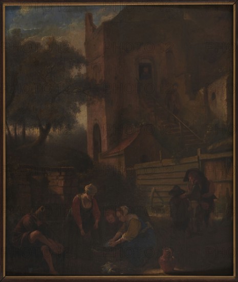 Scene at the Well, Jan Steen 1626–1679 imitator; painting; 17th century; subject: wells; medium: oil on panel; dimensions: height 44.5 cm, width 38.2 cm; inscription/attribution: imitator, Jan Poplawski 1860–1935., A dimly lit scene showing a rustic building with an arched doorway and exterior staircase, set against a backdrop of dark trees and a cloudy sky. In the foreground a group of people gather near a low stone wall and a wooden fence; two women kneel or bend over a basin, a man sits nearby with his legs extended, and another standing figure leans toward a child. A person is visible in the doorway at the top of the stairs and another stands on the steps. Earthy tones predominate, including deep browns, muted ochres, dark greens, faded reds, and touches of blue; there are small highlights of paler flesh tones and a reddish-brown pottery jug on the ground.