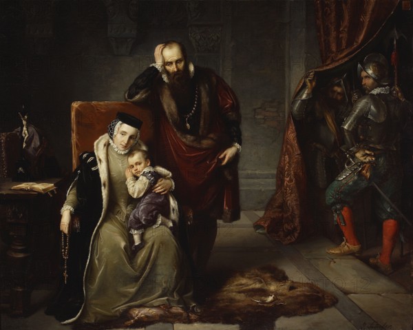 Catherine Jagiellon with her son Sigismund in prison; Józef Simmler 1823–1868, painter; 1859; oil painting; dimensions: 80 × 96 cm; subject: Catherine Jagiellon and her son Sigismund III Vasa 1566–1632 in prison; costume and interior scene; armor; Jagiellon family., A seated woman wearing a long light-colored dress with a dark fur-lined cloak and a small dark cap cradles a young child in purple clothing against her chest; the child rests a hand on its face and looks outward. Behind them a bearded man in a dark robe with fur trim and a heavy chain leans on the back of the chair with one hand on his head and the other extended toward the woman. To the right, a heavy curtain is being held aside by an armored soldier in metallic breastplate and helmet, while another armored figure stands partly hidden behind the curtain; the visible soldier wears dark green trousers and bright red stockings with tan shoes and rests a hand on a sword at his side. To the left of the seated figures a table ho...