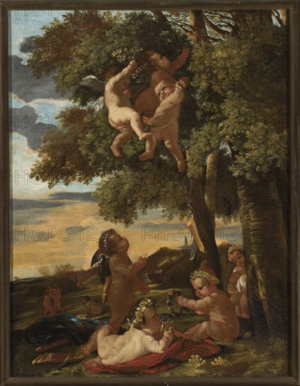 Playing Cupids, Poussin, Nicolas 1594–1665 painter copy, French painting, putti, Poussin, Nicolas 1594–1665 - iconography, 17th century, painting; dimensions: painting height 98 cm, width 75 cm; with frame height 107 cm, width 86.5 cm, thickness 5 cm, The image shows a painted scene of a group of cherubic children among trees and open landscape, rendered in colors including greens, browns, blues, pinks, reds, golds, and beige. Several naked children with wreaths of flowers in their hair are gathered on the grass and among the tree branches; some are seated, one reclines on a red cloth, and a few are in the tree canopy. One child has small wings and a dark sash, while another holds a garland. The trees have dense green foliage and textured brown trunks, and the sky behind them shows areas of blue and soft golden and gray tones. A dark draped cloth and a golden-bound book lie on the ground near the reclining child, and a wooden swing or plank hangs from a tree branch. The whole scene is ...