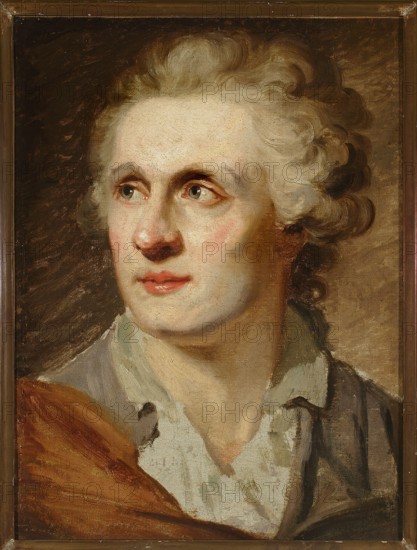 Portrait of Stanislaw Ledóchowski?, Jan Chrzciciel Lampi 1751–1830, painter. French painting, 1788–1791. Oil painting, head study/portrait of a male; height 41 cm, width 31 cm., A painted portrait of a person with light skin and pale, wavy hair styled away from the face, shown from the shoulders up and turned slightly to the viewer's left; the face has flushed cheeks and pink lips, and the eyes look toward the left. The person wears a light-colored shirt and a darker outer garment with a brown draped cloth over one shoulder. The background is dark brown with textured brushstrokes, and the painting is set within a narrow brown frame. Visible colors include pale skin tones, white, light gray, brown, dark brown, pink, and muted greenish-gray.
