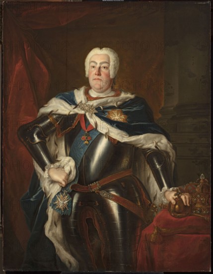 Portrait of Augustus III 1696–1763 by Louis de Silvestre 1675–1760; as a young painter. Representative en face portrait of Augustus III Sas King of Poland; Elector of Saxony; 1696–1763, wearing insignia of the Order of the Golden Fleece and the Order of the White Eagle. French painting, after 1737. Oil on canvas. Dimensions: height 157 cm × width 120.5 cm another measurement given: 154 cm × 121 cm., A painted portrait of a man wearing a white powdered wig and a blue robe trimmed with white fur draped over dark metallic armor; he has a pale face with a neutral expression and is shown from head to mid-thigh, one arm bent resting on his hip and the other hand holding a rounded golden object beside a jeweled crown on a red cloth; the scene includes a rich red drapery on one side and a dark column or architectural element on the other, with colors including blue, white, red, gold, brown, black, and flesh tones.