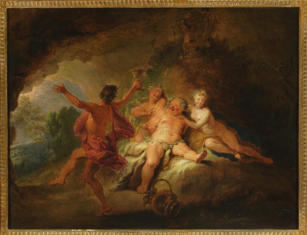 Bacchanalia, Bertin, Nicolas 1668-1736 painter, French painting; subject: Bacchus myth., bacchanalia, caves, mythological scenes; attributes: chalices, jugs, chalice; possible association: Ghigiotti, Gaetano 1728-1796; date: ca. 1710–1720; place of origin: Paris., A painted scene shows a group of figures in a cave-like setting with a dark brown and black upper background and a lighter brown and green area toward the left where a glimpse of sky appears. A male figure with brown skin and dark hair faces away from the viewer, wearing a flowing red cloth and holding a cup aloft. A group of three partially clothed figures recline on a rock illuminated by warm light; their skin tones are pale to pink, and they wear green wreaths and small draped fabrics in shades of yellow and green. One central figure is more rotund and sits forward on the rock, while the other two lean toward him. A fallen vessel in brown lies on the ground near the rock. The overall palette includes browns, dark greens, r...