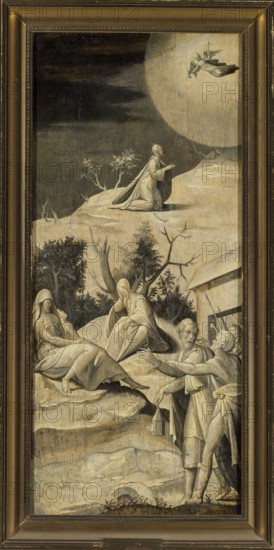 Prayer in Ogrójec, unknown Netherlandish painter; mid-16th century painting; religious scene depicting Christ kneeling in the Garden of Gethsemane Ogrójec with apostles, angels; attributes include cross, chalice, moon; Netherlandish painting., A framed vertical painting dominated by muted tones of beige, gray, brown, and off-white shows a rocky landscape with a group of robed figures arranged on different levels; in the upper area a solitary kneeling figure faces a large pale circular glow in the sky where a reclining winged figure appears, while lower on the rocks a few seated figures in draped garments rest or gesture near leafless and sparsely leaved trees; in the lower right two standing figures, one holding a small hanging object and the other gesturing, approach from beside a simple structure, and the foreground shows worn ground with small tufts of grass and a low arch-like shape.