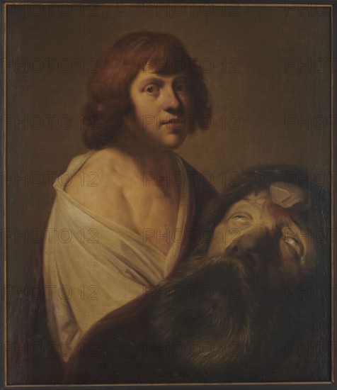 David with the Head of Goliath; Pieter Fransz. de Grebber ca. 1600–1652/53 painter copy or replica, unknown painter; figurative scene depicting David and Goliath Bible; Dutch painting; biblical scene; 17th century; oil painting; height 86 cm, width 74 cm; copies; restitution provenance; Priority 2 - visual documentation., A painted portrait of a young person with reddish-brown hair and pale skin, shown from the shoulders up and draped in a light-colored cloth, looking slightly toward the viewer; the background is a warm brown. In the lower right, a large dark-haired head with closed eyes and a pale face rests against the figure, with darker shadowed areas around it. Visible colors include brown, reddish-brown, pale flesh tones, dark blackish-brown, and off-white.