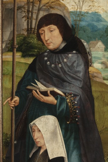 Triptych: central panel: The Lamentation; left wing: Mass of St. Gregory and the donor; right wing: Saint Jodok and the donor; reverses of the wings: Noli me tangere. Unknown painter South Netherlandish or Northern French. Subjects/iconography: The Lamentation; Noli me tangere; Mary mother of Jesus; Mary Magdalene; St. Jodok; St. Gregory I pope, ca. 540–604; Holy Mass of Gregory; Jesus Christ; donor portraits; male and female portraits; portraits against a landscape background; interior portraits; coats of arms; religious scenes; New Testament. Type: triptych painting. Date: ca. 1510–1515 alternate datings proposed: 1495; 1515–1520. Place of origin: Bruges. Dimensions: central panel height 106 cm, width 64 cm with frame: 130 × 80 cm; door leaf height 101 cm, width 28 cm with frame: 130 × 40 cm., A man wearing a dark cloak with a decorative trim and a chain of round ornaments around his shoulders holds an open book and a tall staff, standing behind a woman whose head is covered with a w...