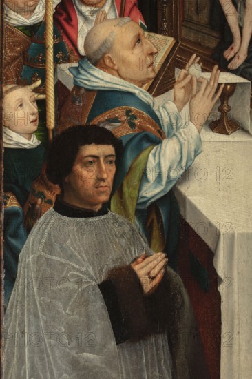 Triptych: Central panel: The Lamentation; Left wing: Mass of St. Gregory and the donor; Right wing: Saint Jodok and the donor; Reverses of the wings: Noli me tangere. Unknown painter South Netherlandish or Northern French. Iconography: The Lamentation; Noli me tangere; Holy Mass of Gregory; New Testament subjects. Subjects and figures: Mary mother of Jesus, Mary Magdalene, Jesus Christ, St. Jodok, St. Gregory I the Great. Donor portraits; male and female portraits; portraits against a landscape background; interior portraits; coats of arms. Religious scenes; triptych format. Dating: ca. 1510–1515 scholarly datings have ranged c.1495 to 1515–1520. Place of origin: Bruges. Medium: painting. Dimensions: central panel height 106 cm, width 64 cm with frame height 130 cm, width 80 cm; each door leaf height 101 cm, width 28 cm with frame height 130 cm, width 40 cm., A group of people are shown standing close together by a draped table, including a man in the foreground wearing a light gray ro...