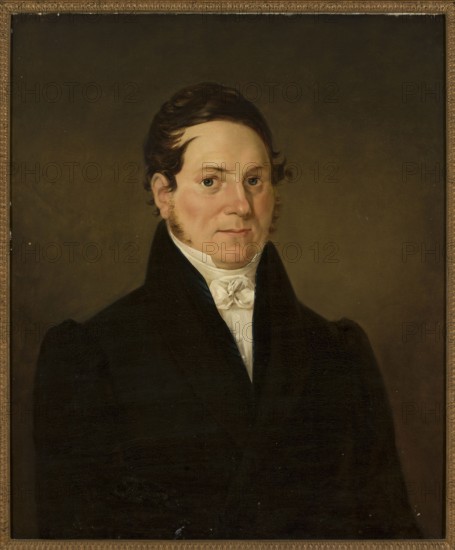 Portrait of Carl Johann Lorentz, Berggren, Peter 1792–1848 painter, male portrait, half-length, neutral background, 1830, oil painting, 72.5 × 60.5 cm, A painted portrait of a man shown from the chest up wearing a dark coat and a white cravat; he has light skin with rosy cheeks, short dark brown hair, and sideburns, and his expression is neutral. The background is a flat muted brown, and the painting is set within a narrow ornate frame in gold tones. Visible colors include brown, dark brown, black, white, cream, pink, and gold.