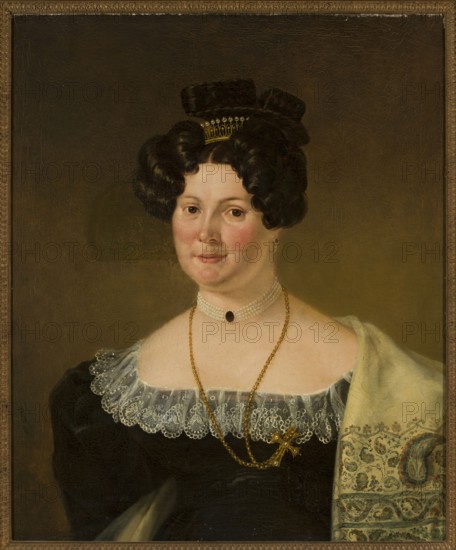 Portrait of Sara Catarine Lorentz, Berggren, Peter 1792-1848 painter, neutral background, female portrait, half-length, shawl, jewelry, lace, 1830, painting, height 72.5 cm, width 60.5 cm, A painted portrait of a woman shown from the chest up wearing a dark dress with a wide, sheer lace collar and a light patterned shawl draped over one shoulder; she has pale skin with rosy cheeks, dark curled hair styled high and adorned with a small decorative headpiece, and small earrings. She wears a multi-strand choker with a dark central gem and a long gold chain with a decorative pendant, all set against a muted brown background and framed by a narrow ornate frame; visible colors include black, pale skin tones, white, gold, brown, green, and hints of pink and cream.