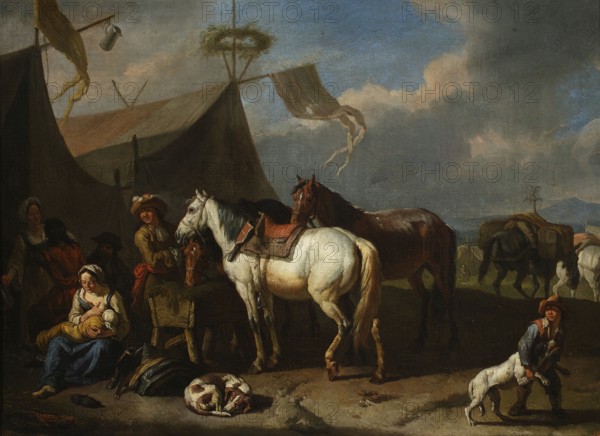 A scene in a military camp with a woman feeding a child and a boy playing with a dog; painter: Pieter van Bloemen 1657–1720; Flemish painting in the Italianism style; subject includes dogs, motherhood, riders, battle scenes, and genre scenes against a landscape background; 17th century; painting; height 39.8 cm, width 55.6 cm., A painted outdoor scene with a group of people and animals in front of a large dark tent under a cloudy blue-gray sky. In the foreground there are several horses, including a white horse with a saddle and a darker brown horse beside it, and a few other pack animals in the background. A seated woman in muted blue and yellow clothing holds a child while nearby a curled up dog rests on the ground and another dog interacts with a standing boy wearing a brown hat and blue garments. A small group of figures near the tent wear earthy tones including brown, red, and beige, and one figure has a wide-brimmed hat. The tent fabric and hanging cloths show shades of dark brow...