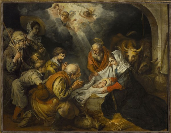 The Adoration of the Shepherds, Fabritius, Barent 1624–1673 painter; biblical scene: The Adoration of the Shepherds iconography; Dutch painting; putti, oxen, donkeys, shepherds; religious scene; restitution provenance; 1671; painting; height 105.5 cm, width 136.5 cm, A group of people gathered around an infant lying on cloth in a manger, with a woman in a dark dress and white head covering holding the cloth and looking down, an older man with a halo leaning forward beside her, and several other figures kneeling or standing nearby including a man with a staff and a young boy; a few cherubic figures appear in a beam of light from above, and a group of animals including oxen are visible at the back; the scene features colors including brown, dark green, black, white, gold, orange, and muted flesh tones.