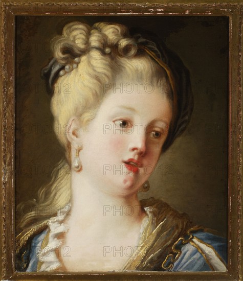 Portrait of Leszczynska as a young girl, Jacques François Courtin 1672–1752, French painting, 18th century; subject: Maria Leszczynska Queen of France, 1703–1768 — iconography includes pearls and headgear; oil on panel, height 38.5 cm, width 32.5 cm., A painted portrait of a woman shown from the shoulders up wearing a blue and gold garment with a ruffled white neckline; she has pale skin with pink cheeks and red lips, light blonde hair styled in curled updos with a dark ribbon or cloth woven through and a string of pearls, and she wears drop pearl earrings; the background is a dark muted brown and the image is set inside a weathered gold frame.