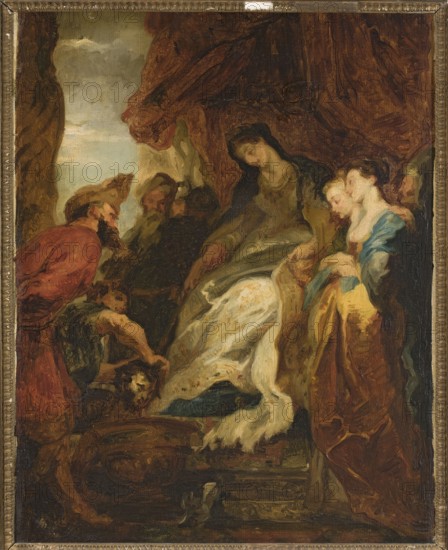 Tomyris Ordering Cyrus's Head to Be Dipped in a Basin of Blood Herodotus, Historia, I, 214, Peter Paul Rubens 1577–1640, after, painting, Flemish, mythological/history scene, 19th/20th century, painting, height 55 cm, width 42 cm, A painted scene showing a group of people in a dim interior with draped fabric and rocky background, featuring a central seated woman in a flowing pale garment and dark head covering whose posture is slightly reclined; to her right stand two women with lighter skin tones wearing garments in blue, yellow, and brown hues, one of whom looks downward while the other faces forward; to the left a bearded man in a reddish-brown coat leans toward the central figure while another figure kneels lower, holding an object near the seated woman’s garment; behind them a few shadowed figures blend into deep brown and ochre drapery and rock, and a small patch of pale sky is visible through an opening; the overall color palette includes brown, ochre, yellow, blue, pale cream, ...