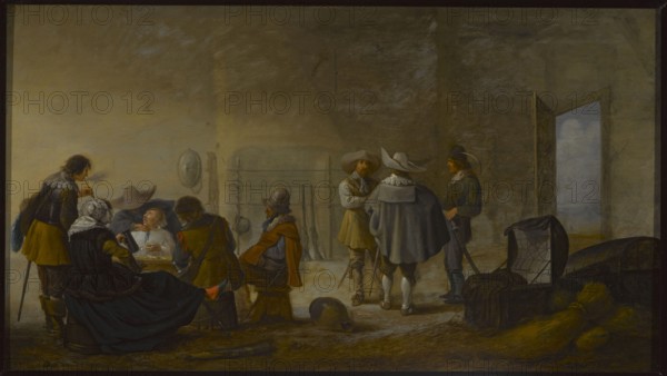 Guardhouse, Palamedes, Anthonie 1601-1673 painter, genre scenes, genre scenes in the interior, multi-figure scenes, Dutch painting, soldiers, guardhouses, ca. 1640 - 1649, painting, A dimly lit interior scene shows a group of people gathered around a table on the left and a few standing figures toward the center and right; the floor is earthen and scattered with a few objects including a fallen helmet and bundles of straw. The group at the table includes a seated woman wearing a dark dress with white head covering, a seated man in light clothing leaning back, and several men in muted yellow and brown coats with hats, one man holding a pipe. Toward the center a man in a pale yellow coat with a wide-brimmed hat stands facing another man wearing a gray cloak and hat, while another man in a bluish coat and dark hat stands nearby. On the right there is an open doorway showing a pale blue sky beyond, and near it a dark wooden chest and a covered piece of furniture. The walls are textured and...