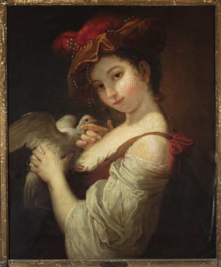 Young Woman with a Dove Une fille qui caresse un pigeon, Lagrenée, Louis Jean François 1724–1805 painter, after 1755, oil painting, portrait of a girl with pigeons, height 66.5 cm, width 56 cm; restitution, A young woman with pale skin and dark hair wears a large reddish-brown hat adorned with a red feather and small round decorations, and a single pearl earring; she holds a light-colored bird with both hands near her chest, one hand gently touching the bird's head; she wears a low-cut dress with a brown bodice and creamy white, loosely draped sleeves tied at the shoulder with a red ribbon; the background is dark and the painting is set within a worn golden frame showing areas of chipped paint.
