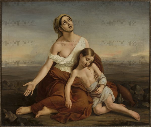 Hagar in the Desert, Camuccini, Vincenzo 1771–1844 painter; Hagar iconography, desert landscapes, biblical scenes; 1817; painting; height 106 cm, width 120 cm; deserts., A seated woman and a child occupy the foreground, both with light skin and brown hair; the woman wears a white draped top and a brown skirt, a brown headscarf, and gazes upward with an open expression while extending one arm outward, and the child rests against her, partially covered by a pale cloth and brown fabric, with a downward gaze and relaxed limbs. The ground around them is rocky and muted, with scattered stones and sparse tufts of grass. The background shows a wide, flat landscape under a soft, cloudy sky with subtle tones of gray, beige, and pale pink. Visible colors include brown, white, beige, gray, pale pink, and green.