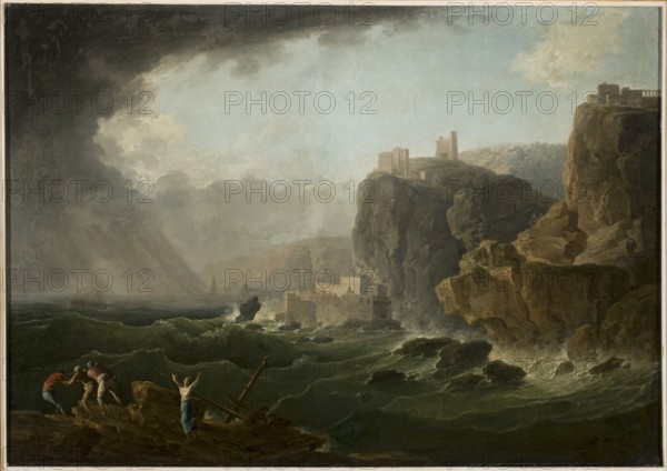 Storm at Sea; Gregorio Fidanza 1759–1823, painter; Italian painting, 18th century; oil on canvas; 97 × 137.5 cm painting; with frame: 111 × 151.5 × 7 cm., A dramatic coastal scene with a turbulent green sea and foamy white waves crashing against dark rocky cliffs; a group of people on a rocky shore wearing clothing in tones of red, blue, white, and brown struggle near a broken wooden mast and debris while one person raises their arms; high rugged cliffs and a fortified structure in earthy brown and gray tones sit above the water on the right, with additional stone buildings perched on distant clifftops; the sky is a mix of pale blue, gray, and dark storm clouds with shafts of light breaking through, and a few small boats are visible on the horizon.