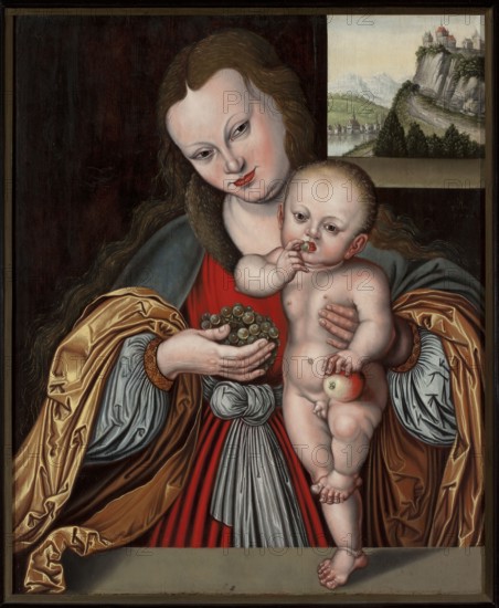 Madonna and Child, Cranach, Lucas 1472–1553 workshop, Madonna and Child iconography, restitution provenance, apples, landscapes, windows architectural, grapes, Evangelical church, mountain landscapes, ca. 1550–1600, painting; painting: height 69 cm, width 55 cm; with frame: height 78 cm, width 65.5 cm, thickness 5 cm, A woman with pale skin and long brown hair holds a naked baby with pale skin; the woman wears a red garment with a grey sash and a gold outer cloak, and the baby holds a round fruit that is red and yellow while reaching toward its mouth; the woman offers a small cluster of round greenish fruits from her hand; the background shows a dark brown area and a small framed landscape with green hills, grey cliffs, a body of water, and a cluster of light-colored buildings; the overall palette includes browns, golds, reds, greys, greens, pale skin tones, and small areas of white.