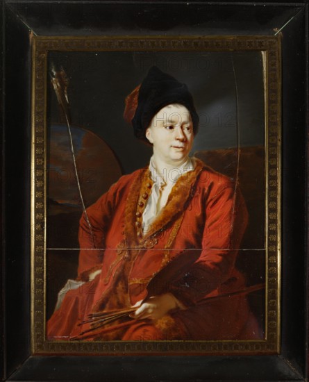 Portrait of the painter Jean Baptiste Forest 1635–1712, by Nicolas de Largillierre 1656–1746. French painting, oil on panel, portrait of an artist; male portrait, dated 1st quarter of the 18th century. Height 16.5 cm, width 12 cm., A framed oil painting of a seated person wearing a red robe with brown fur trim and a white collar, holding a group of thin wooden sticks in one hand; the person has a pale complexion and is wearing a black hat with a hint of red at the back, looking slightly to the side. The background is dark with muted brown and blue tones and a rounded shape behind the figure. The frame is dark with a gold inner border and decorative pattern, and the overall color palette includes reds, browns, blacks, whites, blues, and gold.
