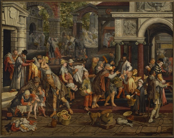 Christian deeds of mercy, Aertsen, Pieter ca. 1508–1575 painter, genre scenes, Netherlandish painting, Christian deeds of mercy iconography, Serlio, Sebastiano 1475–1554, Caritas allegory, Serlio, Sebastiano 1475–1554. I sette libri dell'architettura, feeding the hungry, comforting prisoners, The Last Judgment iconography, welcoming travelers, clothing the naked, giving water to the thirsty, burying the dead, visiting the sick, cityscapes, architectural motifs, genre scenes against a landscape background, genre scenes in the interior, religious scenes, Amsterdam Netherlands, 29/05/1575 date, painting, painting: height 111.5 cm, width 144.1 cm, with frame: height 133 cm, width 164 cm, thickness 10.5 cm, A crowded outdoor scene in muted earth tones with a group of people gathered around architectural ruins and archways, featuring stone columns in gray and red, carved reliefs, and a tiled ground in brown and tan. Many figures wear layered clothing in colors like brown, beige, red, yellow,...