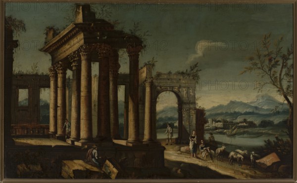 Figures in ancient ruins whim, unknown Italian painter, fantastic architecture, Italian painting, staffage, ruins, whim, 18th century, painting, height 87 cm, width 141.8 cm, A landscape showing classical stone ruins with tall ornate columns and an arched gateway in the foreground, painted in muted browns and beiges for the stonework and dark green and teal for the sky and distant hills; a few human figures in period clothing stand and sit near the ruins, rendered in earthy tones of brown, gray, blue, and muted red; a small group of sheep grazes near the figures, colored white and gray; a lone tree with branches and sparse leaves appears on the right in shades of brown and green; a body of water and low buildings sit in the middle distance beneath a band of pale bluish-gray sky with a single pale cloud, and scattered rocks and vegetation in browns and greens occupy the foreground.