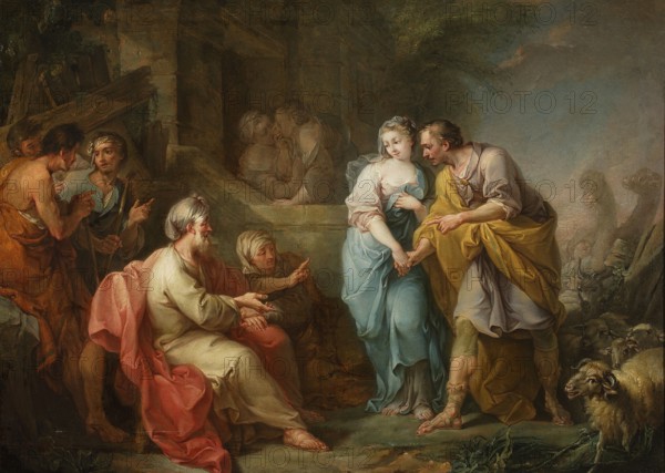 Jacob and Rachel before Laban, French painter fl. 18th century; author: Amigoni, Jacopo Italian painter; 1682–1752. Subject: Jacob the patriarch Bible, Laban Bible, Rachel Bible, Leah Bible. Medium: painting. Date: after the mid-18th century. Dimensions: painting height 104 cm, width 147 cm; with frame height 135 cm, width 174.5 cm, thickness 14 cm., A group of people gathered in an outdoor setting near a stone building, featuring a central young woman in pale blue and white drapery being held by a man wearing earthy yellow and brown garments; nearby an older seated man in light beige robes with a pink cloak draped around him faces them while another older figure beside him gestures; to the left a few standing figures in muted browns and ochres converse and point, while in the background a few shadowed figures stand in an archway; to the right a group of sheep with woolly beige and cream coats stands near the standing man, and low greenery and stone surfaces occupy the foreground; visi...