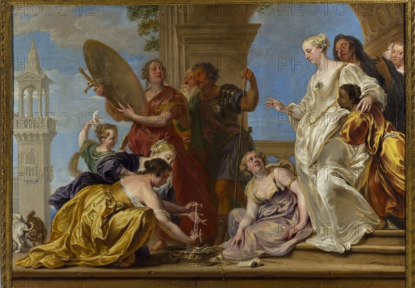 Achilles among the Daughters of Lykomedes, Boeckhorst, Jan 1604–1668, Flemish painting, ca. mid-17th century; oil painting depicting Achilles mythology among the daughters of Lykomedes, mythological scene inspired by Ovid's Metamorphoses and Statius' Achilleis; features women's and men's costumes, theatrical stylizations, jewelry, bladed weapons, landscapes, and references to Odysseus; painting., A group of people arranged on stone steps in front of an architectural opening, wearing flowing garments in colors including white, gold, purple, red, green, and dark blue, with a pale blue sky visible in the background. A central woman in a white dress stands with an outstretched arm, accompanied by a person beside her in a golden yellow robe, while another woman kneels nearby in a pale lavender dress looking up. Several women in rich gold and dark purple dresses are crouched or kneeling at the foot of the steps, one holding a string of pearls above a shallow decorative dish filled with jewel...
