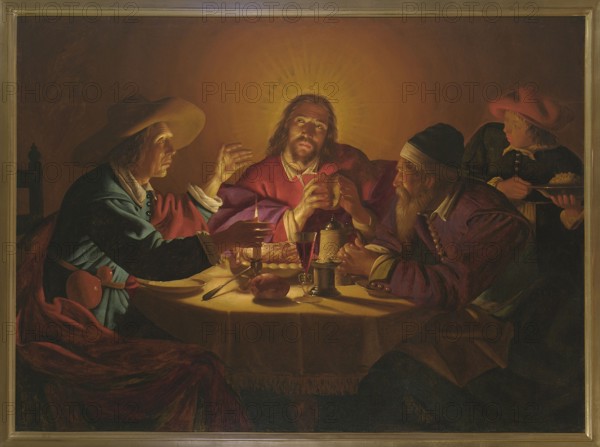 The Feast at Emmaus, Borch, Jan ter fl. 1624–post 1646 attributed; Jesus Christ; Disciples of Christ; loaves; tableware; Emmaus Judea; ancient city; candles; biblical scenes; Dutch painting; religious scenes; table scenes; religious painting; Utrecht Netherlands; The Feast at Emmaus iconography; feasts; 17th century; painting; dimensions: height 131 cm, width 178.5 cm; with frame: height 154.5 cm, width 202 cm, thickness 10 cm, A dimly lit interior scene shows a group of people seated around a round table covered with a light-colored cloth, illuminated by warm candlelight that casts golden highlights and deep shadows. At the center, a man with long hair and a beard wears a reddish garment and is bathed in a halo-like glow behind his head; he holds a piece of bread and looks upward. To his left, a man in a wide-brimmed hat and blue clothing gestures with one hand while holding a small cup in the other, his face lit in warm yellow tones. To the right of the central figure, an older man w...