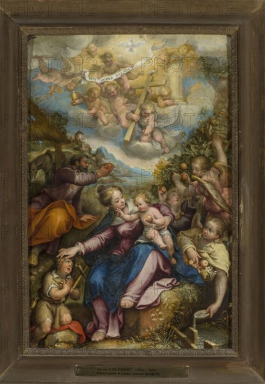 Rest during the Flight into Egypt, Denys Calvaert 1540–1619, painter; oil painting, 1590–1600; subject: religious scene depicting Mary, Joseph, the infant Jesus, angels, and John the Baptist; includes fruit and Arma Christi attributes; Netherlandish/Italian painting style; dimensions: painting 48.5 × 32.4 cm; with frame 62.2 × 45.7 × 5 cm; Antwerp artist's birthplace., A painted scene within a dark brown wooden frame shows a group of figures arranged in a vertical composition. At the top, a cluster of cherubic children with pale skin and golden hair floats on white and gray clouds, some holding a pale banner and a pale cross, and a white dove is overhead against a light blue sky. In the middle and lower areas, a seated woman with fair skin wears garments in deep blue, pink, and purple and holds a small child with fair skin and golden hair who is mostly nude; nearby, a man with darker hair and a beard leans forward wearing robes in brown and orange. Around them are several children and ...