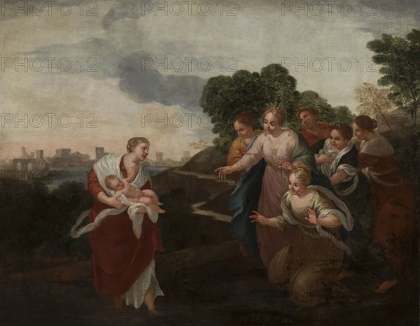 The Finding of Moses, unknown Italian painter, Moses Bible, biblical scenes, the finding of Moses iconography, Italian painting, 16th century, painting, height 94 cm, width 119 cm, A group of people outdoors on a landscape with trees and distant buildings under a cloudy sky, with a woman in red holding a baby wrapped in white cloth standing on the left and a group of women on the right reaching toward them; the figures wear garments in colors including red, white, blue, pink, green, brown, and yellow, and the scene includes dark green foliage, muted gray and beige clouds, and earthy brown and dark ground tones.