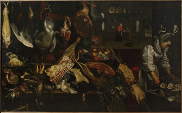 Kitchen interior, Snijders, Frans 1579-1657 painter, Flemish painting, still lifes, genre scenes in the interior, pantries, kitchens, fruit still lifes, hunting still lifes, ca. 1608, painting, painting: height 157 cm, width 256.8 cm, with frame: height 178 cm, width 276.5 cm, thickness 8 cm, A dimly lit interior scene showing a large wooden table crowded with a variety of raw food items and game, including several whole birds and carcasses, leafy greens, artichokes, and a group of round fruits in a basket; the table surface is dark brown and the food tones range from pale beige and cream to deep browns, muted greens, reds, and purples. To the right, a woman wearing a pale gray dress with a high ruffled collar and a dark red skirt is leaning over the table, handling a tray of shellfish; her skin is light and her headdress is white and decorated, and her clothing shows folds and highlights in gray and white. In the background, a dim kitchen area is visible with a person in a red top wor...