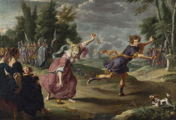 Atalanta and Hippomenes, Willem van Herp 1613/1614–1677, mythological scene depicting Atalanta and Hippomenes with apples, dogs, and landscape; Flemish painting, 17th century; oil on panel or painting — height 115 cm, width 169 cm; with frame: height 126 cm, width 178.5 cm., A painted outdoor scene shows a group of people on a grassy landscape under a cloudy sky, with a few tall green trees framing the sides. In the foreground a woman in a flowing pink dress and pale skin leans forward, holding a golden round object above the ground while another golden round object lies near her bare feet; her blonde hair is partly covered by a pale veil. A young man in a dark purple tunic with yellow-orange ribbons and sandals is stepping away with an outstretched arm and a startled expression, reaching toward something in his hand. To the left a small group of women and a child in dark blue and black clothing watch the scene, their faces turned toward the central figures. Behind them stands a group ...