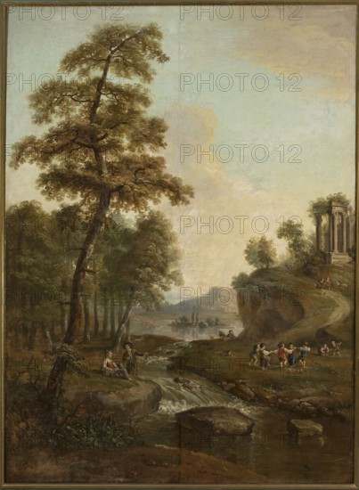 Landscape with children playing, unknown artist, French painting; idyllic landscape with children, ancient ruins, pendant. Flanked on the left by a tall single tree and a group of shorter trees in the background; on the right, on a high escarpment by the lake, are the ruins of an ancient temple. A sandy road leads down the escarpment in a wide arc. In the center foreground a swift stream flows from the lake visible in the background. A small island on the lake; beyond it a view of the opposite shore with buildings, a hill, and bushes. Staffage: children playing in a clearing under a slope; two boys sitting on the lake shore with a crayfish net; in the foreground a young man with a fishing rod shows a girl a caught crayfish. 18th century, possibly Germany; oil painting, 222 × 164 cm., A painted landscape showing a tall tree with brown trunk and greenish-brown foliage on the left, a cluster of darker green trees behind it, and a pale blue sky with soft beige and cream clouds; a rocky str...