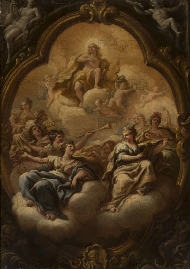 Apollo and the Muses, Paolo de Matteis 1662–1728, oil painting, 17th–18th century; mythological scene depicting Apollo and the Muses with musical instruments; height 80.9 cm, width 57.3 cm., A painted scene of a group of classical figures seated on and surrounded by clouds, with a central elevated figure holding a stringed instrument and wearing a flowing garment, and several smaller winged cherub-like figures nearby; the figures wear draped robes and some hold musical instruments, wreaths, or other small objects. The composition is enclosed by an ornate curved frame with decorative scrollwork and sculptural accents, and additional partially visible figures in reclining poses appear at the edges. The color palette includes muted warm browns, golds, and ochres in the background and frame, soft creams and tans in the clouds and garments, and touches of blue, pale green, and dusty pink in some clothing and accents, with darker deep brown and black tones in shaded areas.