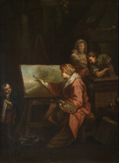 In the painter's studio Le peintre de paysage or Le peintre a son chevalet, Boucher, François 1703–1770, painter; copy after Boucher; artists' studios; French painting; early 19th century; painting; height 75.5 cm; width 56.5 cm, A dimly lit interior scene shows a central seated figure wearing a pinkish robe and a light headscarf, holding a painter's palette with dabs of paint and a long brush extended toward a canvas on an easel, the canvas showing muted green and beige tones; to the right a woman cradling a swaddled infant looks toward the painter while another figure leans over a ledge nearby, both wearing earth-toned clothing; to the left a child in darker clothes stands near the easel looking toward the group; the setting includes wooden furniture and a stool, a few bowls and tools on the floor, and an overall palette of dark browns, deep greens, muted pinks, beige, and touches of off-white and black.