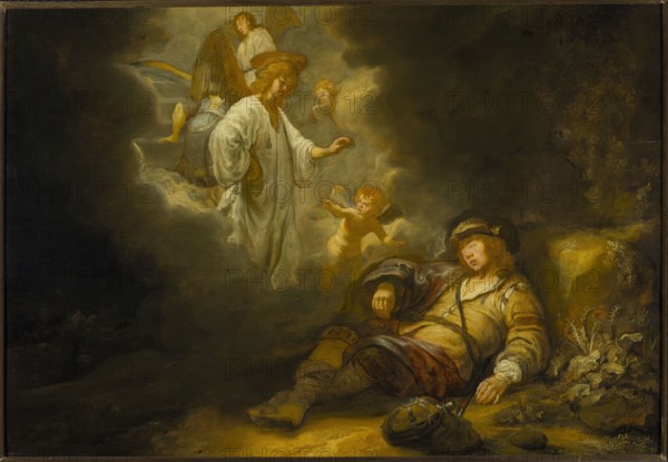 Jacob's Dream, Gerbrand van den Eeckhout 1621–1674, 1642. Oil painting, Northern Netherlands. Subject: biblical scene of Jacob the patriarch dreaming with angels Old Testament. Dimensions: painting 75.2 × 116.5 cm; with frame 100 × 133 × 6 cm. Dutch painting; restitution noted; purchase provenance., A reclining figure in muted yellow and brown clothing lies on the ground with relaxed limbs and a hat nearby, surrounded by earthy brown and ochre tones; above and to the left a group of angelic figures in pale white and cream garments emerge from glowing grayish clouds, their wings showing hints of golden brown and soft blue, and a small winged child with rosy skin and light brown hair reaches toward the reclining figure; the scene contains areas of deep shadow in dark brown and nearly black, with patches of warm light illuminating faces and fabric, and a few pale green and gray plants near the reclining figure.