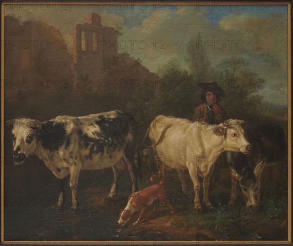 Shepherd with a Flock, Karel Dujardin 1626–1678, 1657. Oil on panel painting, 39.8 × 46.5 cm. Depicts shepherds with mules, cows, and dogs near ruins in a Dutch landscape., A painted outdoor scene showing a group of animals and a person amid vegetation and distant ruins; a black-and-white speckled cow stands on the left near dark water, a light-colored cow with subtle brown markings faces right near the center, and a dark brown animal with long ears lowers its head on the right. A small reddish-brown and white dog drinks from the water at the foreground. Behind the animals a figure wearing a dark hat and brown clothing is partially visible among green bushes and trees. The background includes a silhouette of a weathered stone structure and a sky with soft clouds in shades of blue, gray, and pale yellow. The palette features browns, greens, creams, blacks, blues, and muted reds.