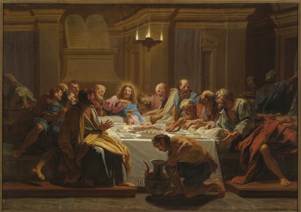 The Last Supper, Jean-Baptiste Jouvenet 1644–1717, replica, French painting, The Last Supper Bible, ca. 1704, oil on panel, painting: height 96.5 cm, width 145.5 cm; with frame: height 125 cm, width 173.5 cm, thickness 10 cm., A group of people sit and lean around a long table covered with a white cloth, with one central figure illuminated and holding a cup while others gesture and look toward him; a kneeling man in front tends a large dark jug. The room has architectural columns and a high decorative ceiling, with a central hanging light casting warm tones. The figures wear robes and draped garments in colors including blue, brown, green, red, yellow, pink, and gray, and many have beards and varied hair. On the table are plates, a loaf of bread, and bowls, and a few figures in the background move or carry trays. The overall palette is warm with browns, ochres, muted greens, deep blues, and touches of pale flesh tones, contrasted by the white tablecloth and the glow around the central ...