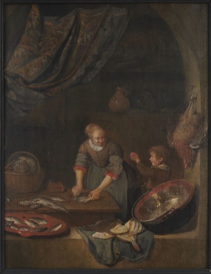 Woman and child skinning fish; Quiringh van Brekelenkam imitator of post 1622/1630–1669/1679; 17th century Netherlands; painting; genre scene depicting fish, bowls, wicker baskets, birds; women with children; height 43 cm, width 33 cm; inscriptions/marks:, provenance notes: purchase, repossession., A dimly lit interior scene with a warm brown and dark background, showing a woman standing at a wooden table wearing a muted brown bodice, green skirt, and sleeves with gray and red cuffs, leaning forward while handling fish on the table; a child beside her in brown clothing reaches toward her while holding a small round object. On the table and foreground are several whole fish on a red platter and loose fish on the surface, a woven basket with round objects, and a large metal basin with reflective interior tilted at an angle; a draped patterned cloth with dark green, brown, and reddish tones hangs from above, and a pale cloth with yellow and pinkish folds lies over a blue-green cloth at th...