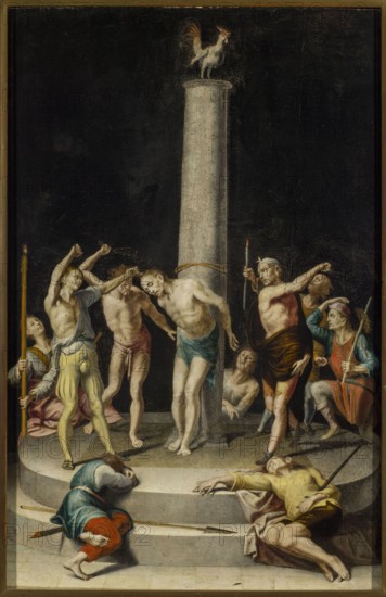 The Flagellation of Christ, Kempener, Pieter de 1503–1580 painter, ca. 1540, oil painting, height 53.8 cm, width 38.1 cm with frame: height 64 cm, width 46 cm, religious painting depicting the flagellation of Christ; Netherlandish/Spanish style; iconography includes columns and a rooster attribute., A painted scene shows a tall pale column at the center with a white rooster perched on top against a dark black background, surrounded by a circular stone platform. Several mostly bare-chested figures stand around the column, some wearing draped cloth in colors such as blue, brown, yellow, red, and green, with a few figures holding long thin objects like sticks or spears and one holding a slender lit candle. A group of figures appear to be in active motion with raised arms and gestures, while a couple of figures are seated or kneeling on the platform edge and two figures lie on the lower steps, one wearing a blue tunic and red leggings and the other wearing a yellow top and brown cloth. The...